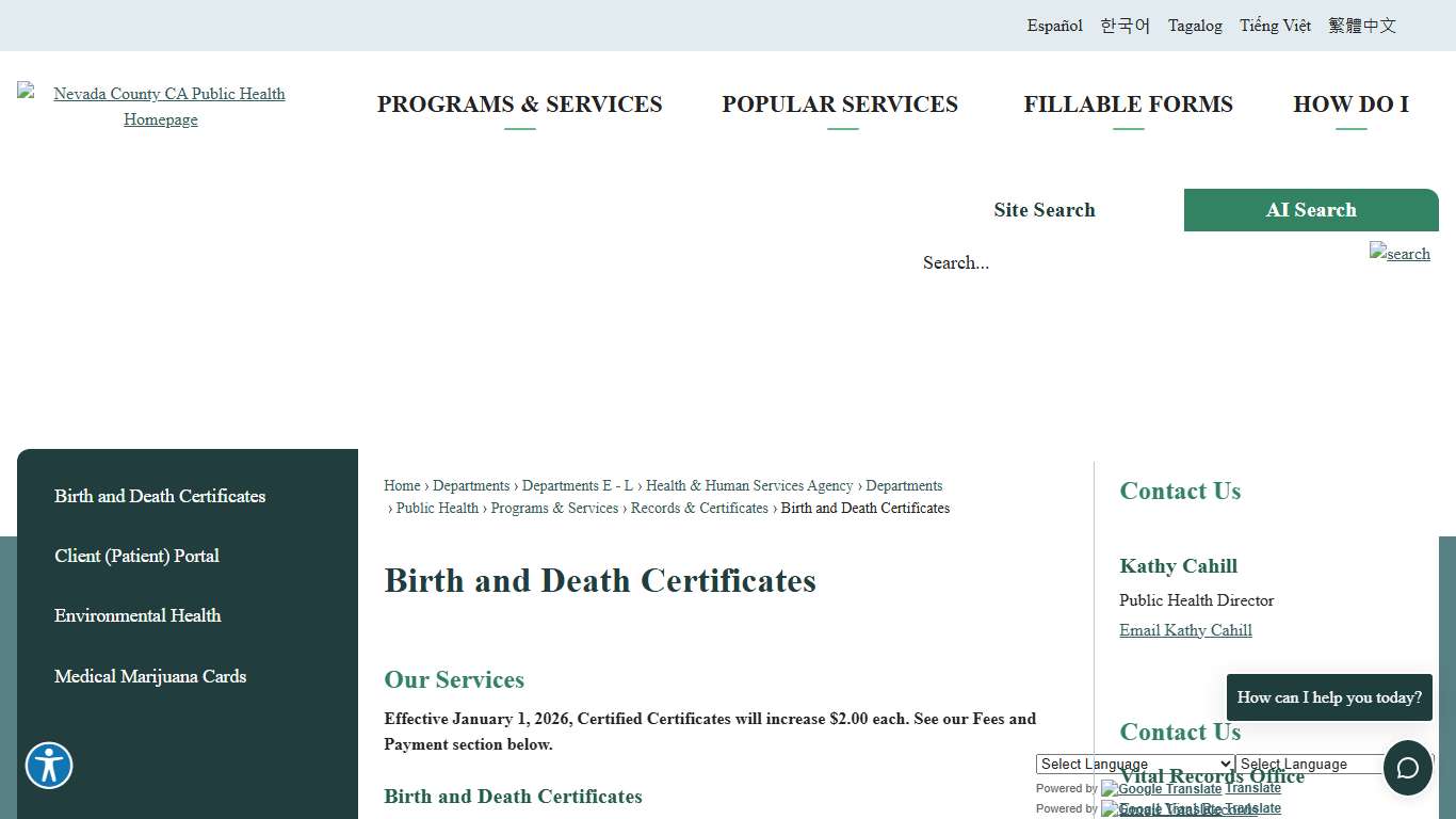 Birth and Death Certificates  Nevada County, CA